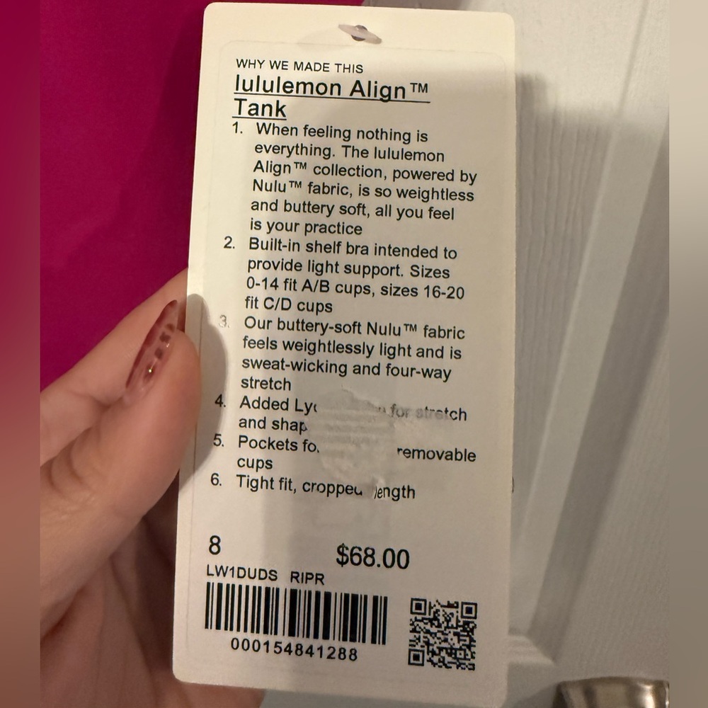 Lululemon Women’s Align Tank Top -Ripened Raspberry Color NWT. Size 8 - Picture 4 of 4